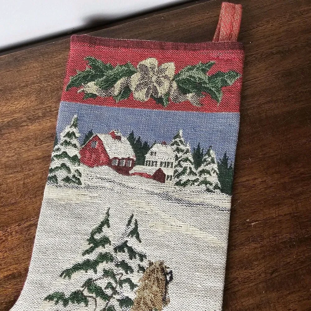 Vintage 1990s Needlepoint Christmas Stocking – Winter Horse & Sleigh Scene